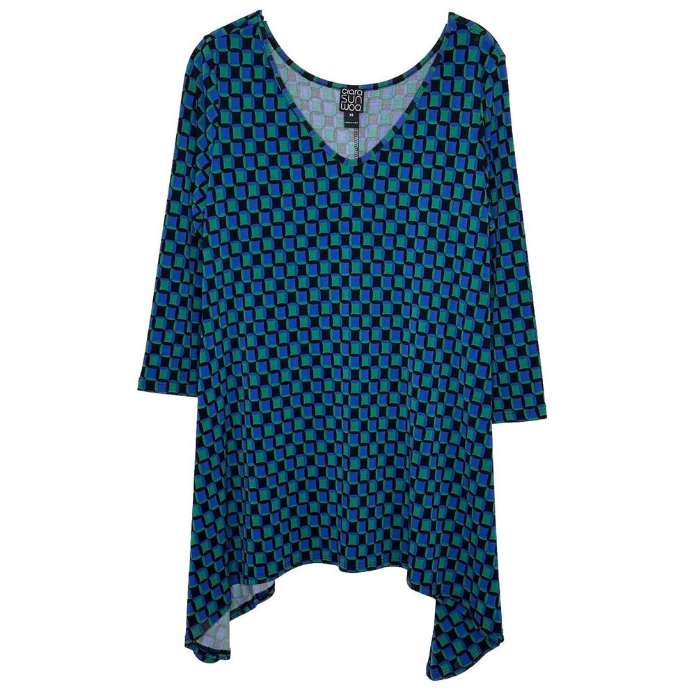 Clara Sun Woo Womens 3/4 Sleeve Tunic Top Blue Green V Neck Sharkbite Hem Sz XS
